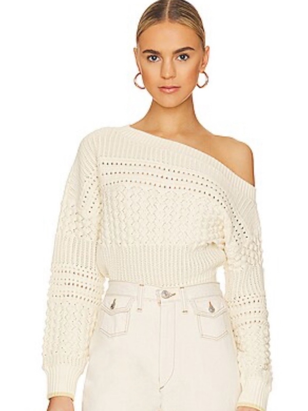 TULAROSA REVOLVE Cream Off-the-Shoulder Cable Knit Sweater